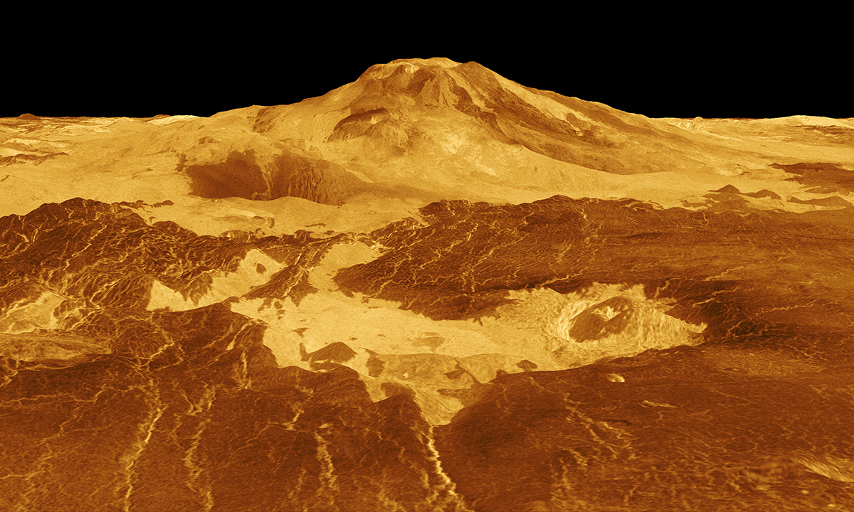 Radar-generated view of an ancient volcano above lava flows on Venus.