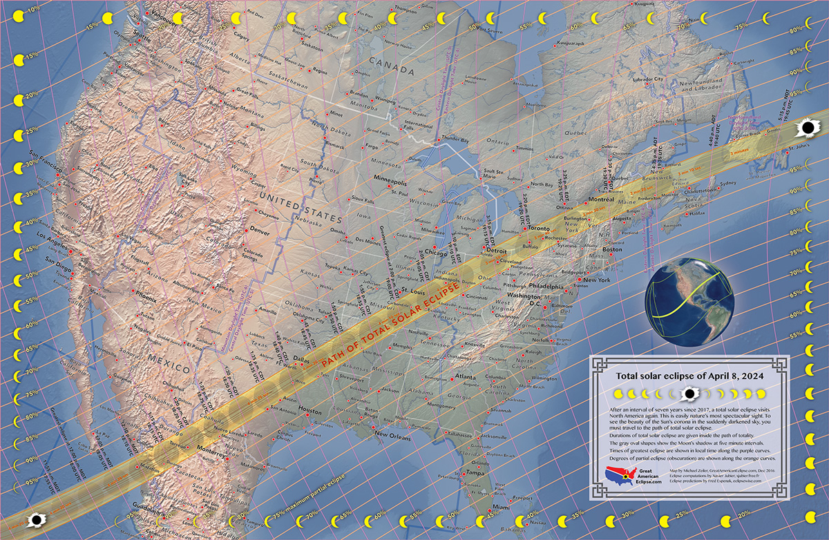 map of the path of the total eclipse over the US