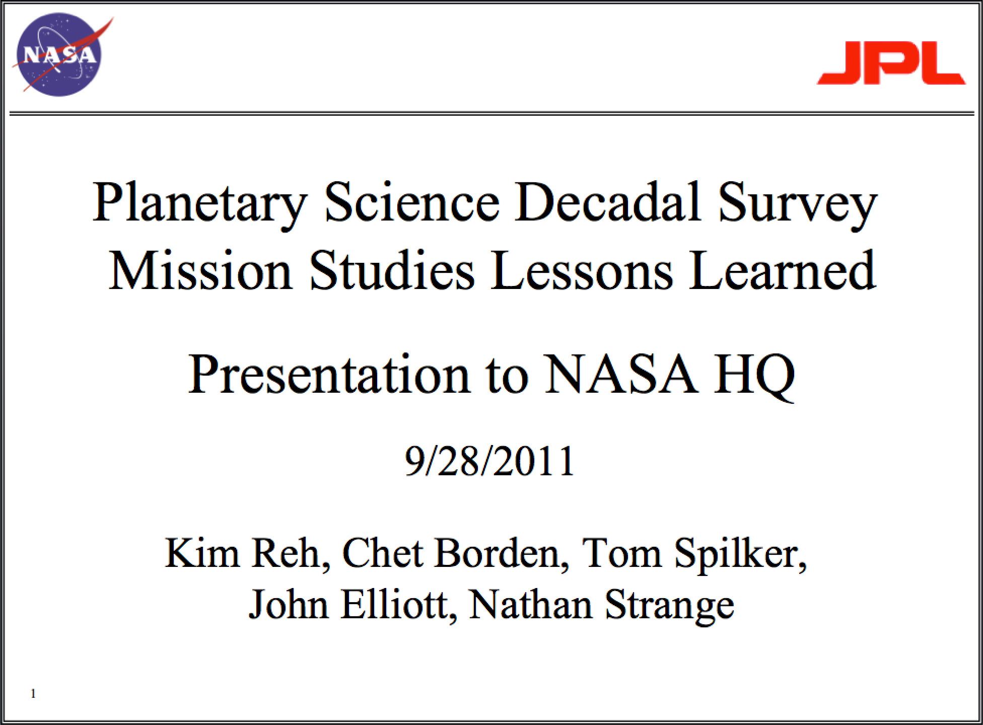 Presentation to NASA HQ