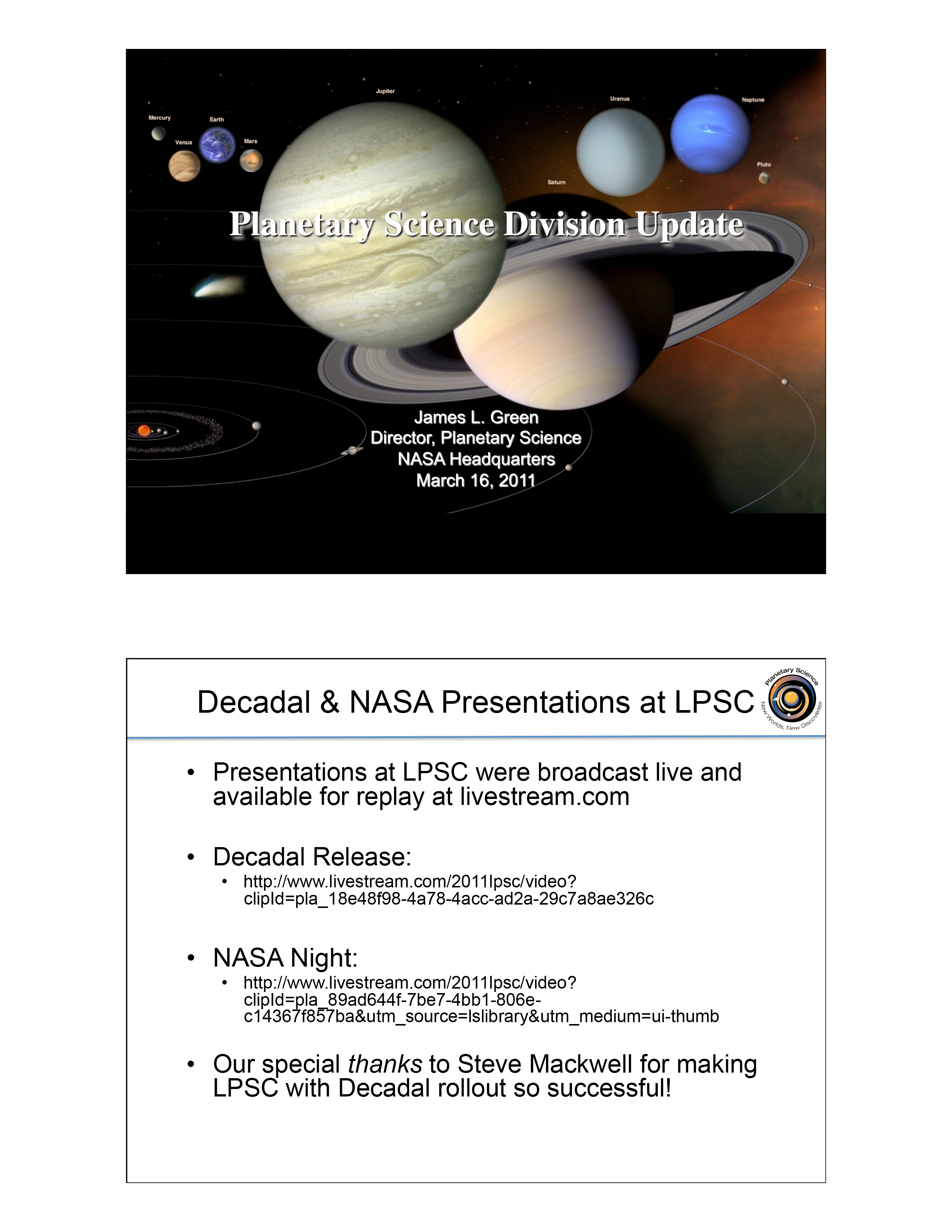 Planetary Science Division Update by Planetary Science Division Director Dr. James Green
