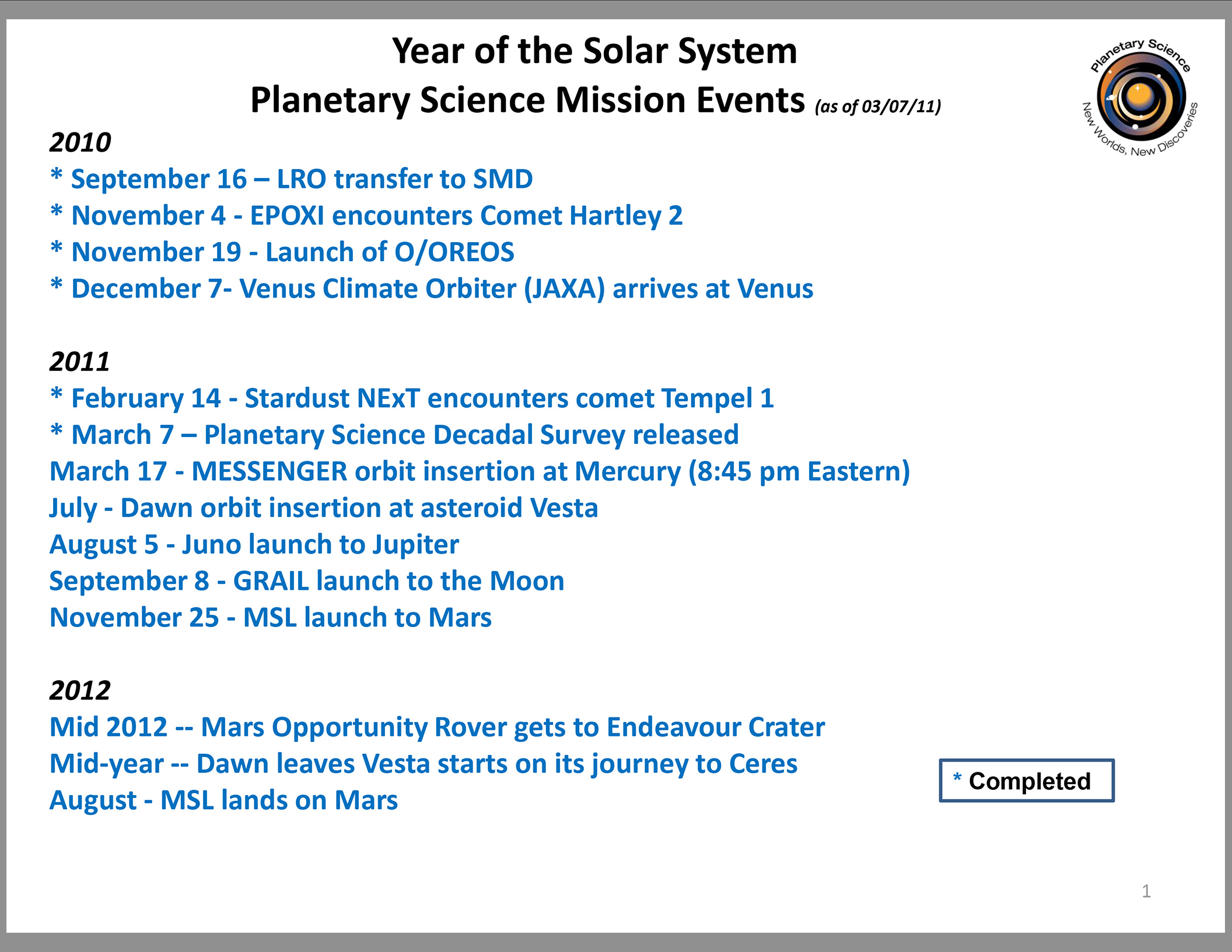 Year of the Solar System Planetary Science Mission and StratComm Events. 