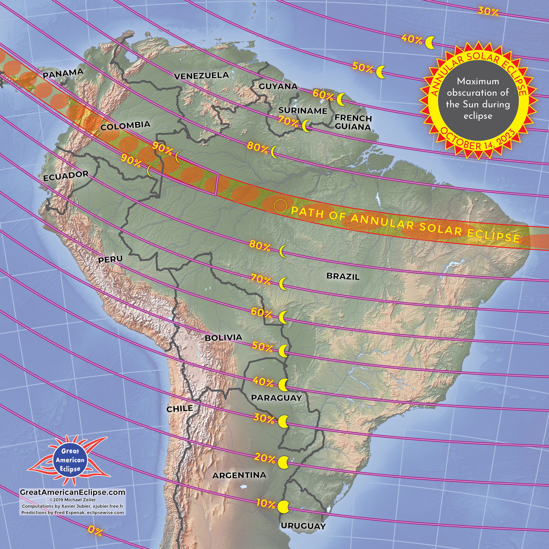 Map of a portion of South America showing the path of the annular solar eclipse.