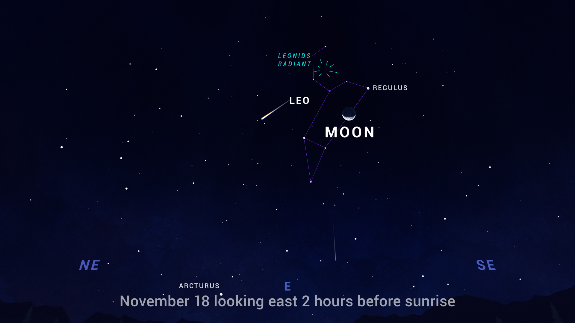 An illustration of the night sky shows the positions of the stars facing east before sunrise on November 18. The constellation Leo is outlined, and the place on the sky from which the meteors appear to radiate, called the radiant, is labeled above center. The crescent Moon is visible beneath Leo.