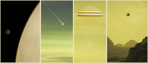This graphic shows four phases of Venus Exploration: Orbit, Atmospheric Entry, Descent, and Landing.