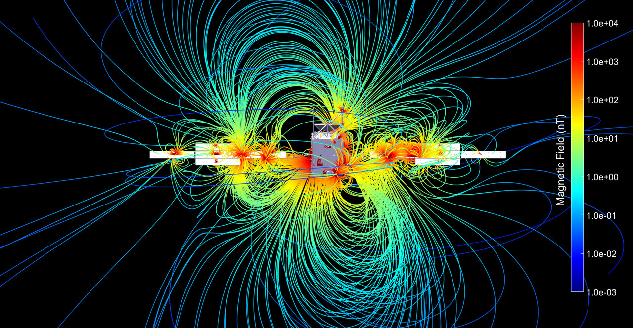 Curved lnes around a computer-generated model of a spacecraft show how it interacts with magnetic fields. Red, the most intense lines, are mostly around the spacecraft.