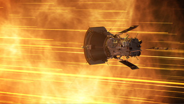 Parker Solar Probe Spacecraft propelling forward against solar wind represented by streaks of yellow light 