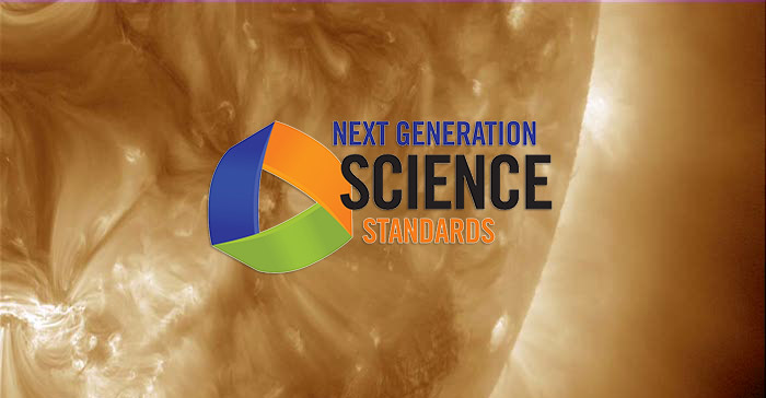 A small portion of a sepia toned sun with bright white streamers erupting from the surface and the Next Generation Science Standards logo in orange, green and blue in the middle