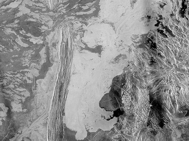 This is a 225 meter per pixel Magellan radar image mosaic of Venus, centered at 47 degrees south latitude, 25 degrees east longitude in the Lada region.