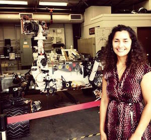 Anita standing in front of Curiosity model