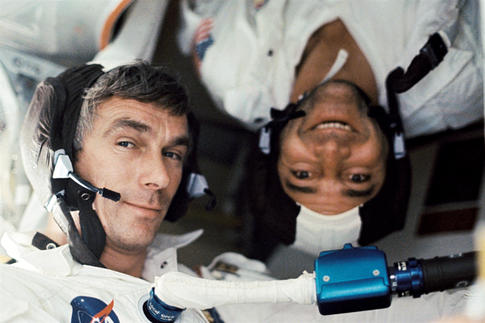 Apollo 17 crewmates Gene Cernan and Ronald Evans in space.