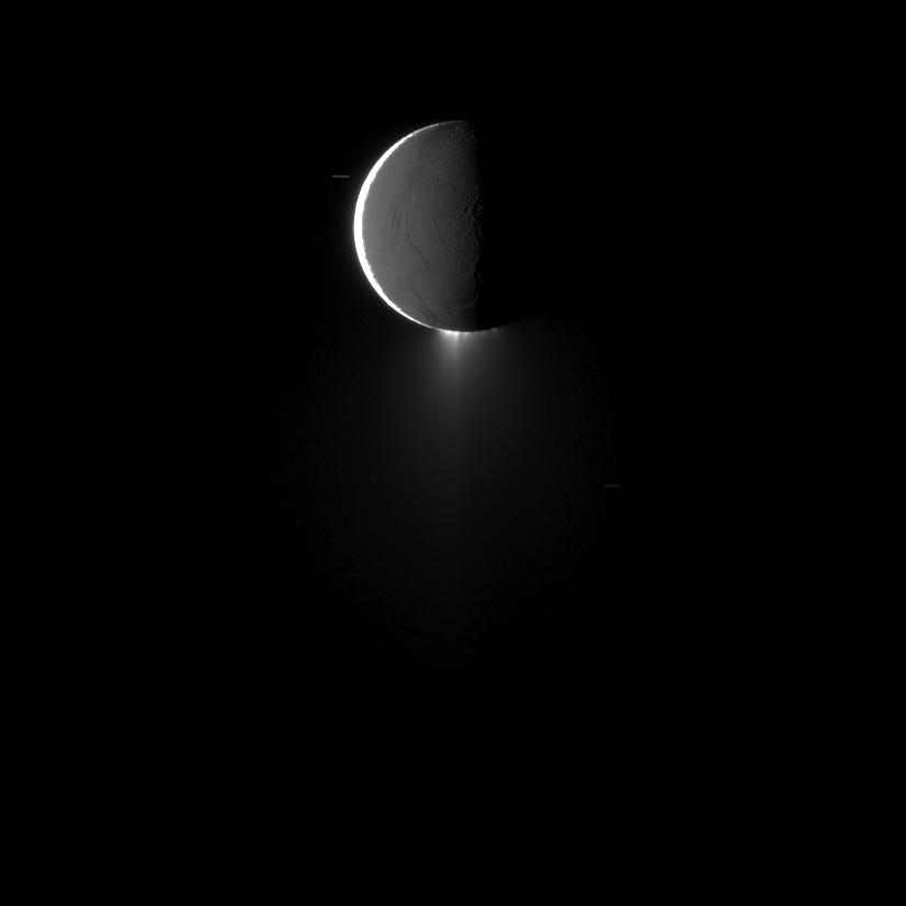 Saturn's moon Enceladus, imaged at high phase, shows off its spectacular water ice plumes emanating from its south polar region.