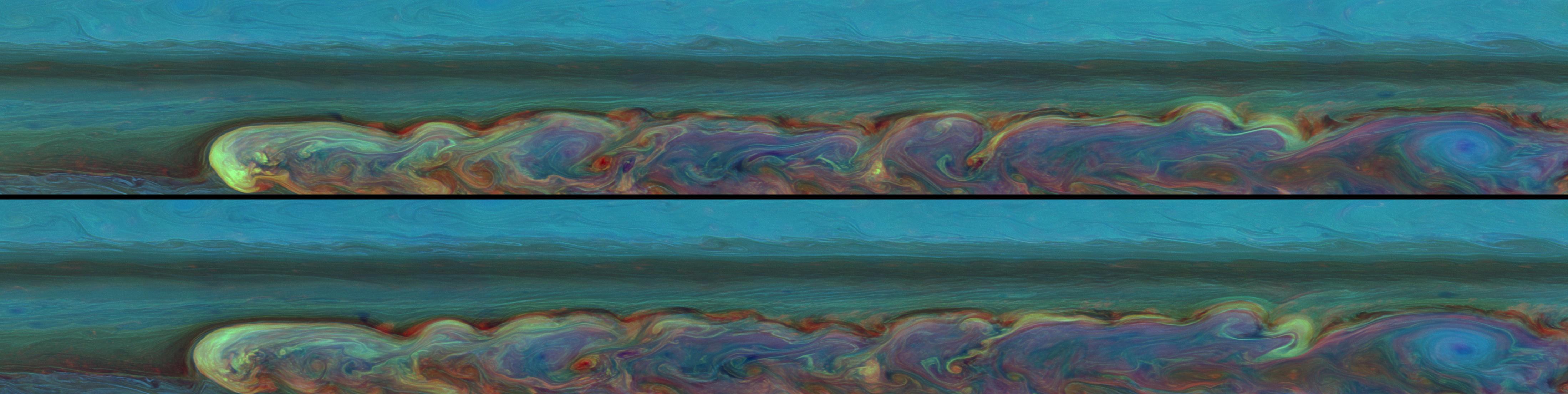 These false-color mosaics from NASA's Cassini spacecraft chronicle the changing appearance of the huge storm that developed from a small spot in Saturn's northern hemisphere.