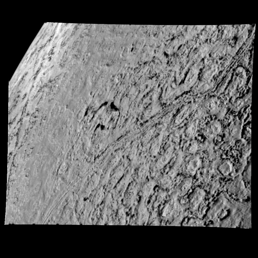 This is one of the most detailed views of the surface of Triton taken by Voyager 2 on its flyby of the large satellite of Neptune early in the morning of Aug. 25, 1989.