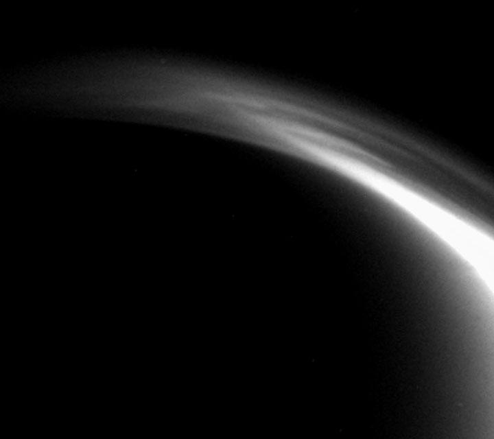 This animated gif from Cassini shows the changing shapes of features in the outer haze layers of Titan's atmosphere.