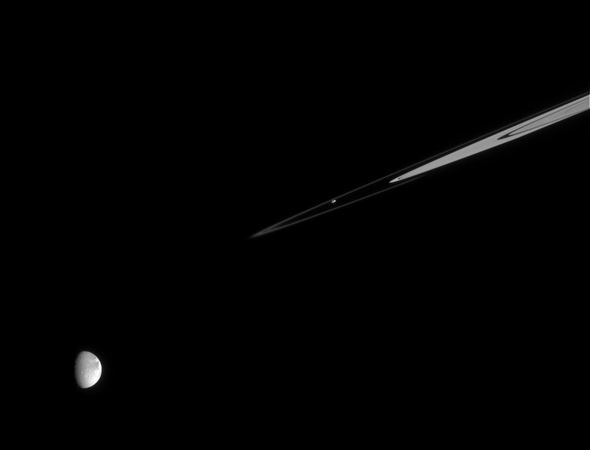 Prometheus, the F ring, and Dione