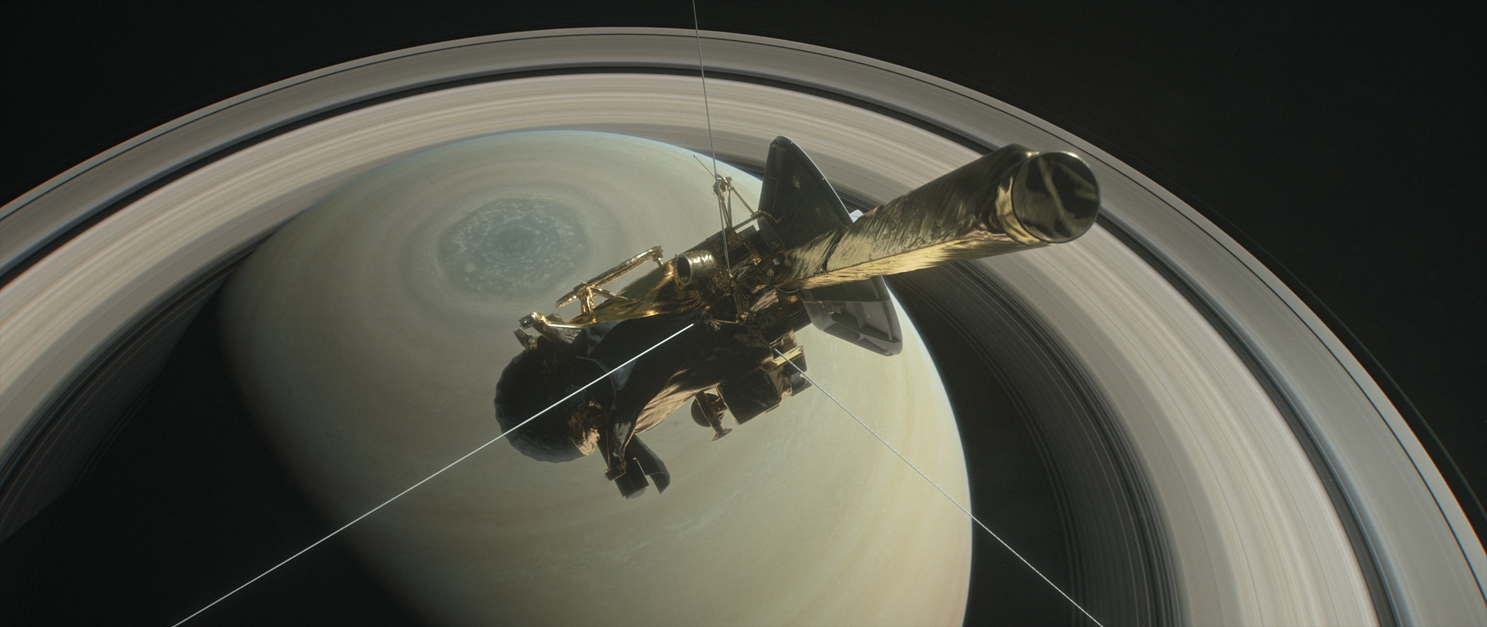 Illustration of Cassini over Saturn.