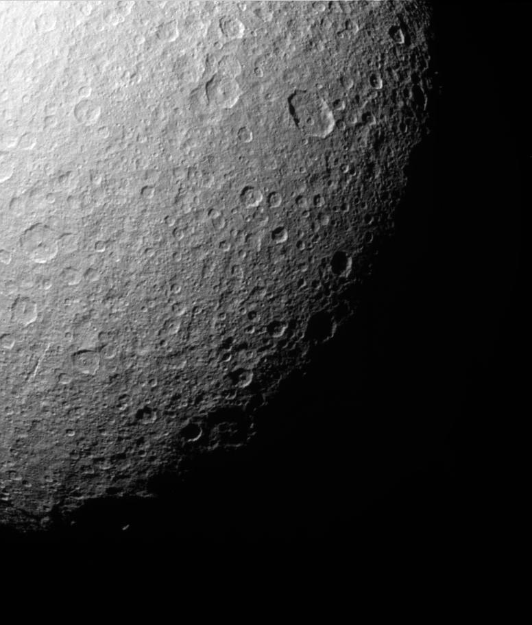 The southern polar region of Rhea has been extensively re-worked by cratering over the eons
