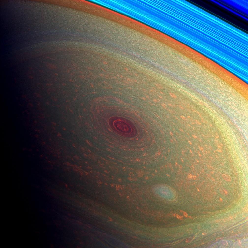 A false-color image of the storms at Saturn's north polar storm.