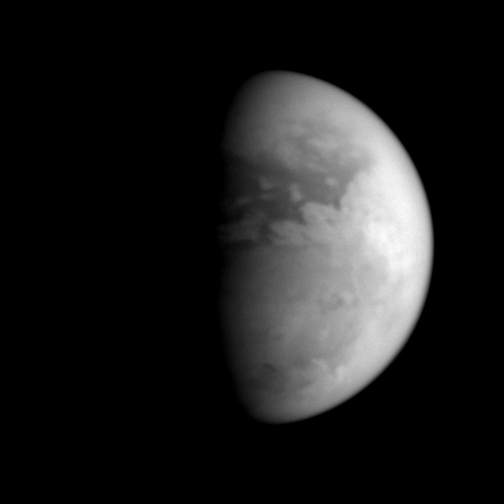 Titan's equatorial latitudes are distinctly different in character from its south polar region, as this image shows