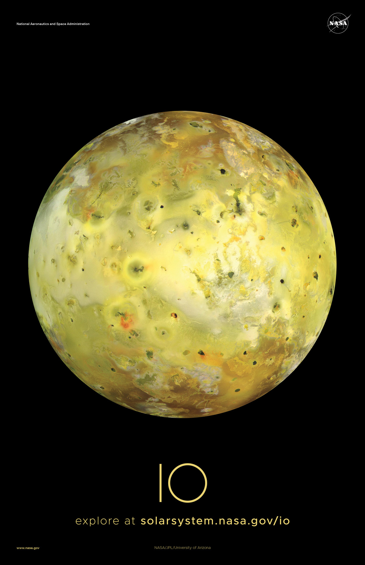 Full disk view of Io with many volcanoes visible.