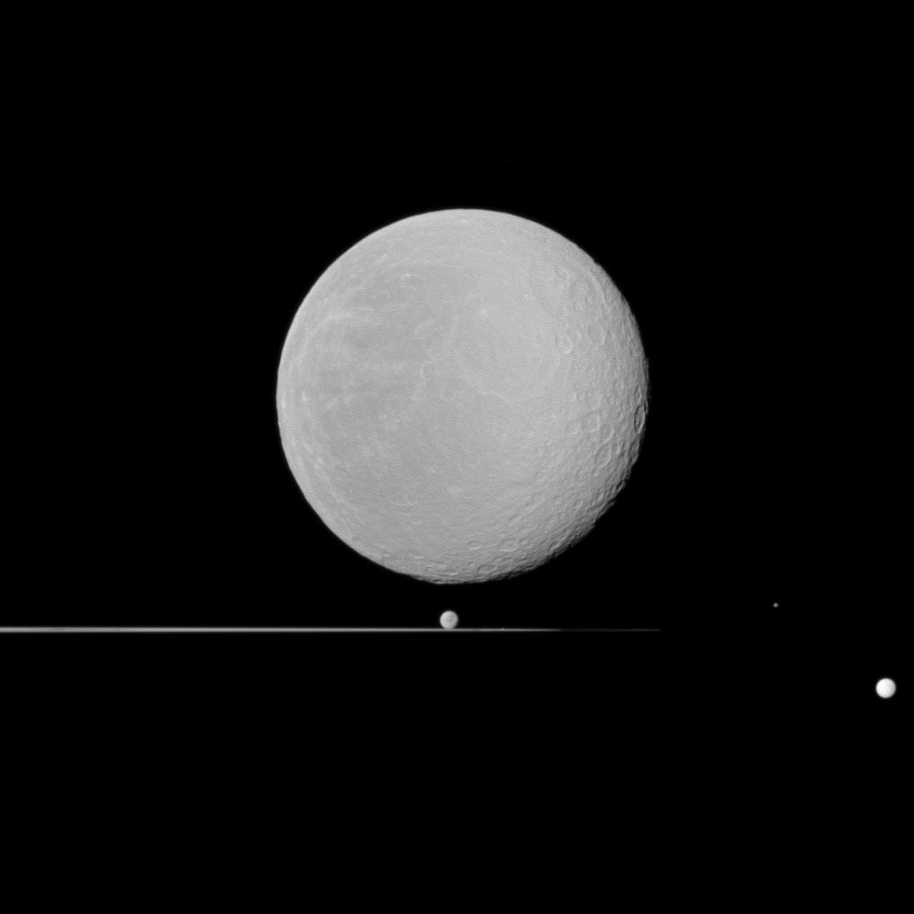Rhea (in the foreground), Dione, Prometheus, Epimetheus and Tethys