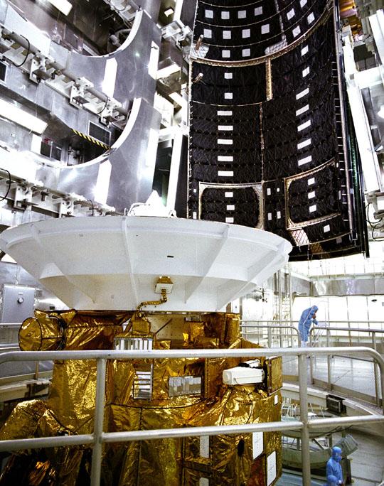 Close up of spacecraft in launch facility.
