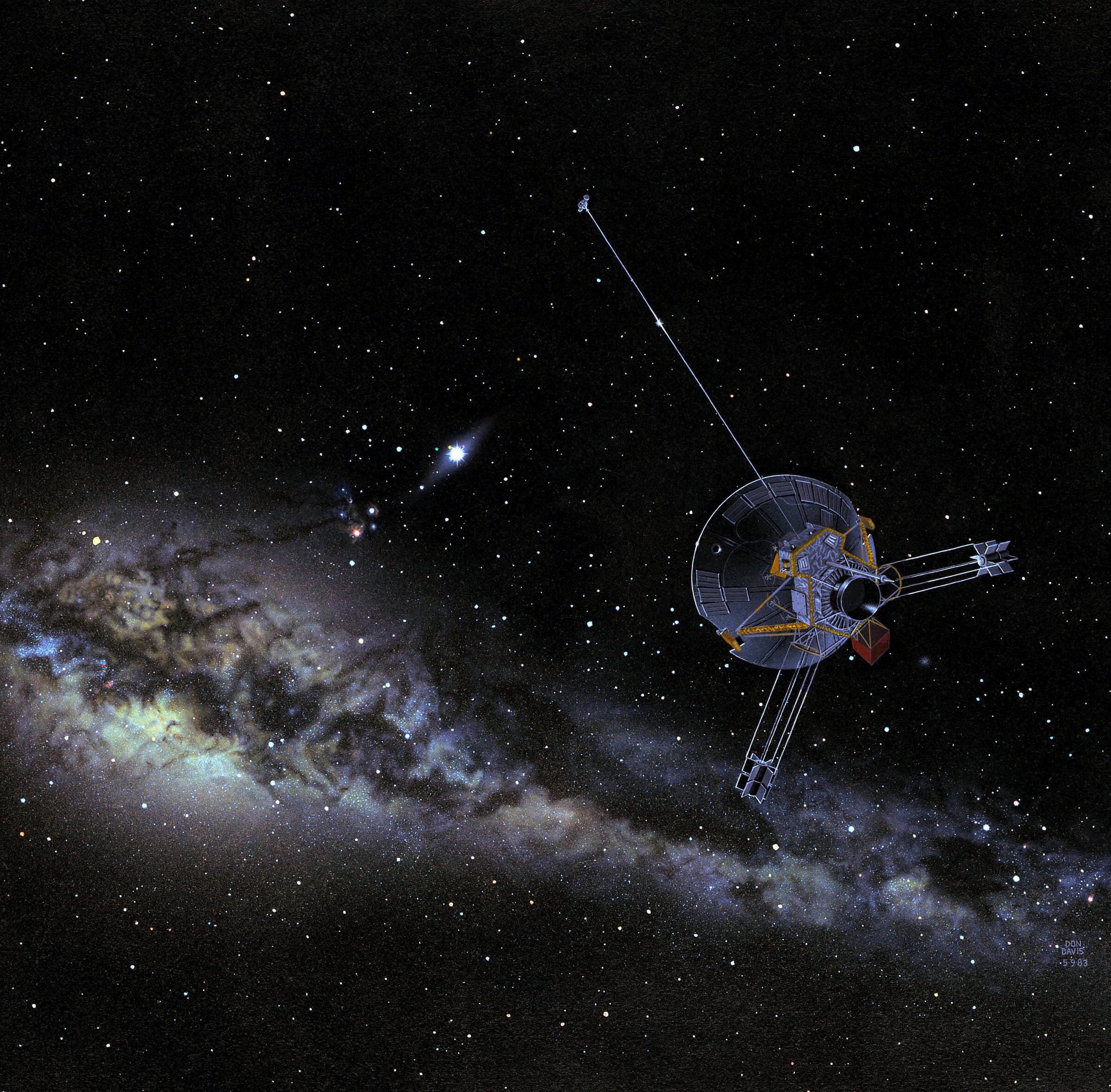 Illustration of spacecraft with Milky Way in the background.