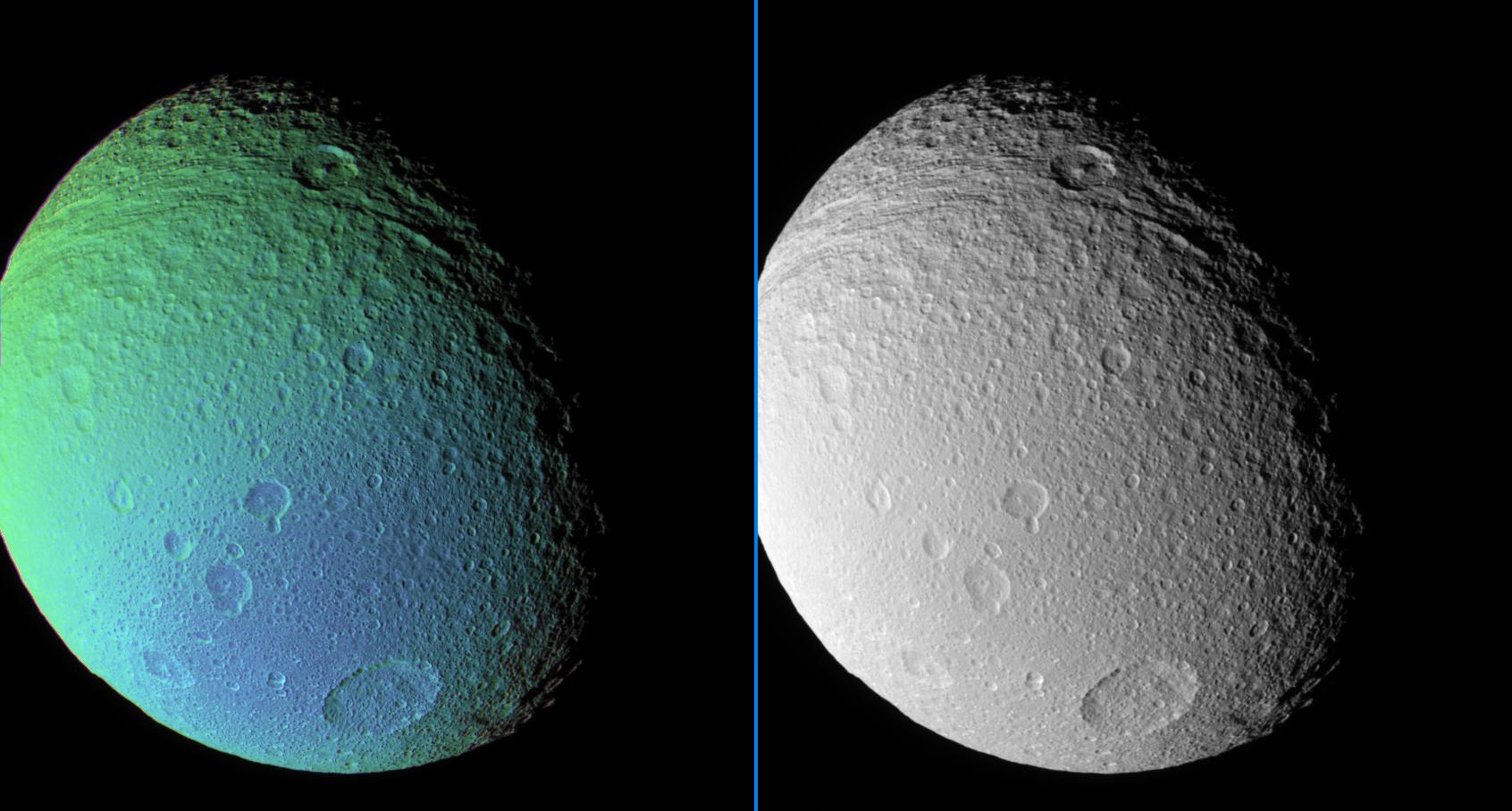 Tethys in false-color and monochrome view