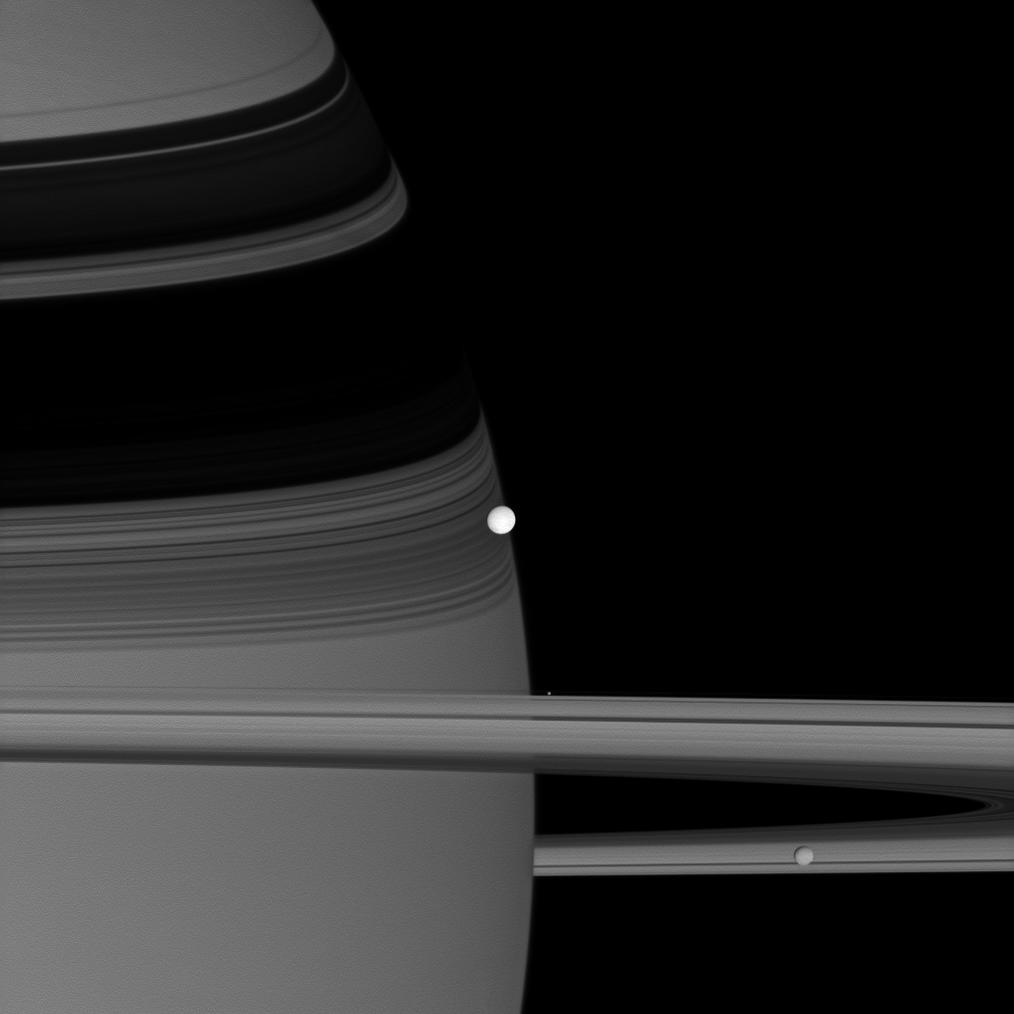 Enceladus, Pandora, and Mimas near Saturn and its rings