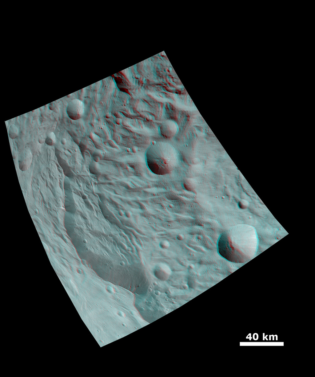 Anaglyph Image of a Large Scarp in Vesta's South Polar Region