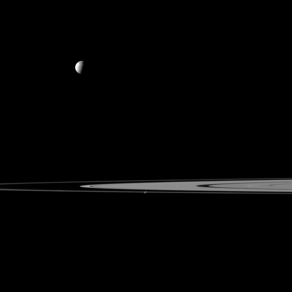 Saturn's rings, Mimas and Prometheus