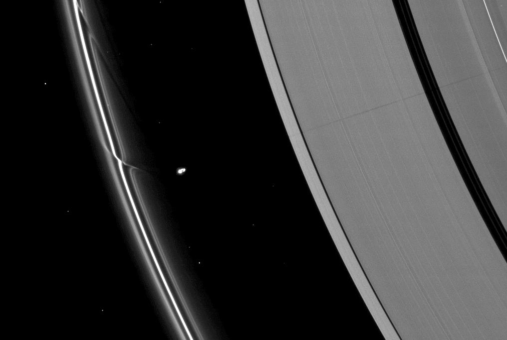 The effects of the small moon Prometheus loom large on two of Saturn's rings