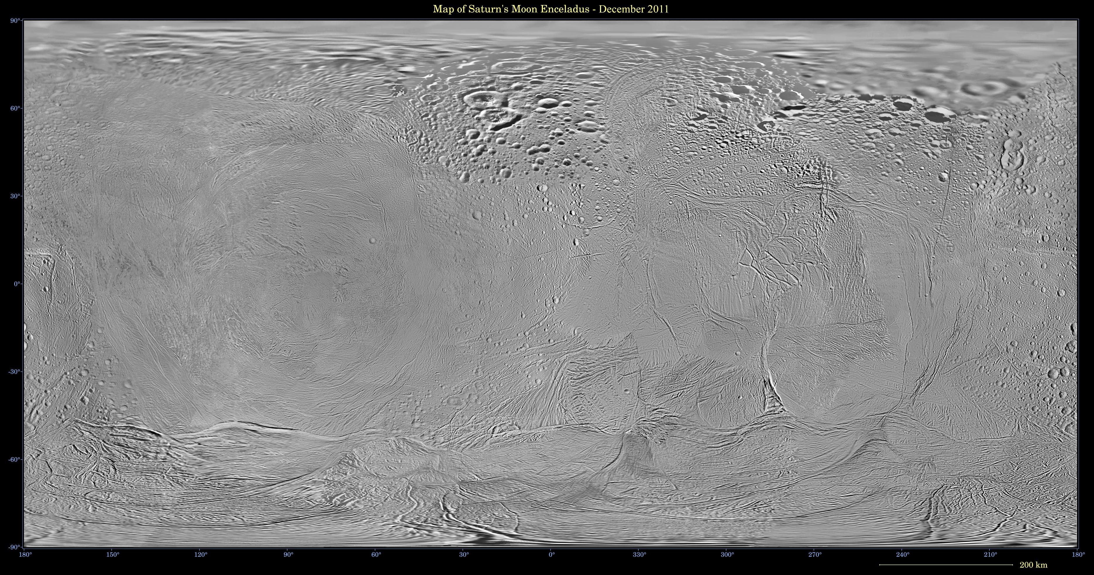 This mosaic shows an updated global map of Saturn's icy moon Enceladus, created using images taken during Cassini spacecraft flybys. The map incorporates new images taken during flybys in December 2011.