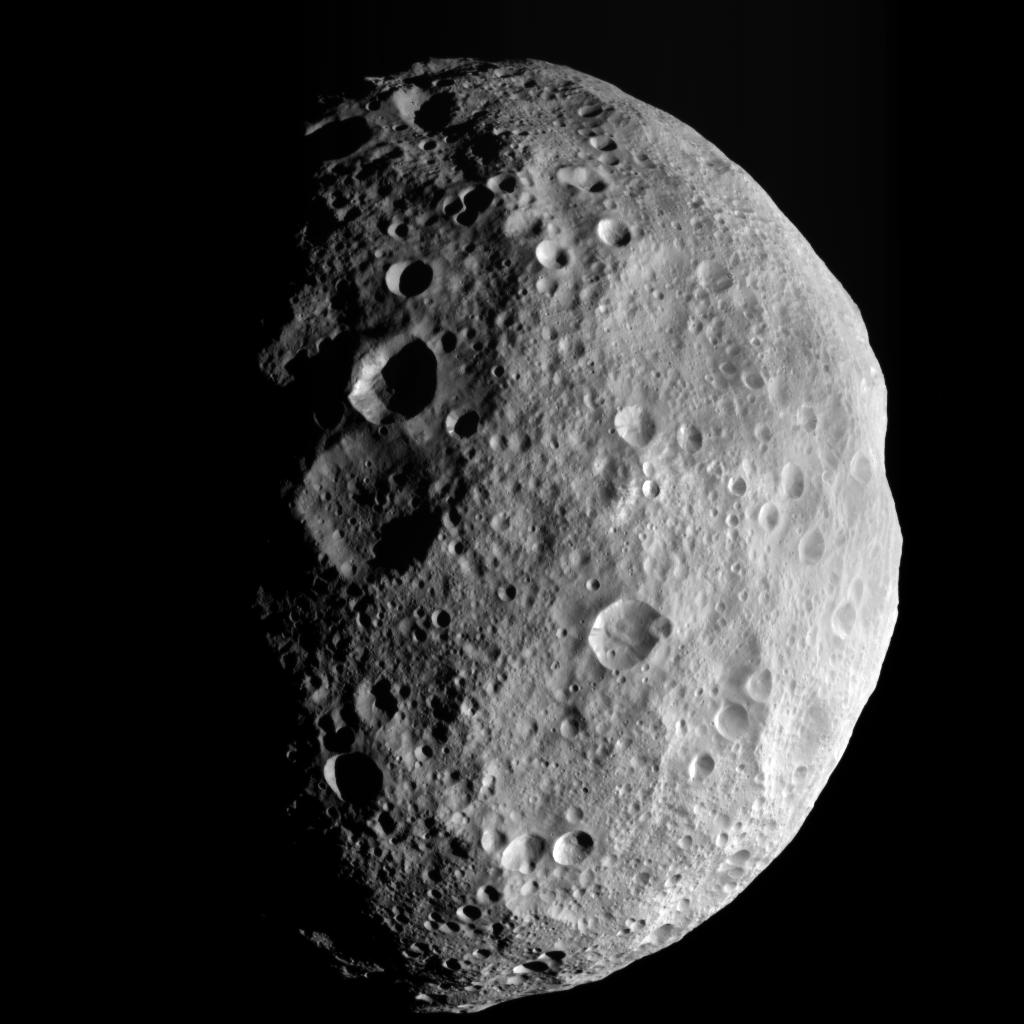 This image is from the last sequence of images NASA's Dawn spacecraft obtained of the giant asteroid Vesta, looking down at Vesta's north pole as it was departing.