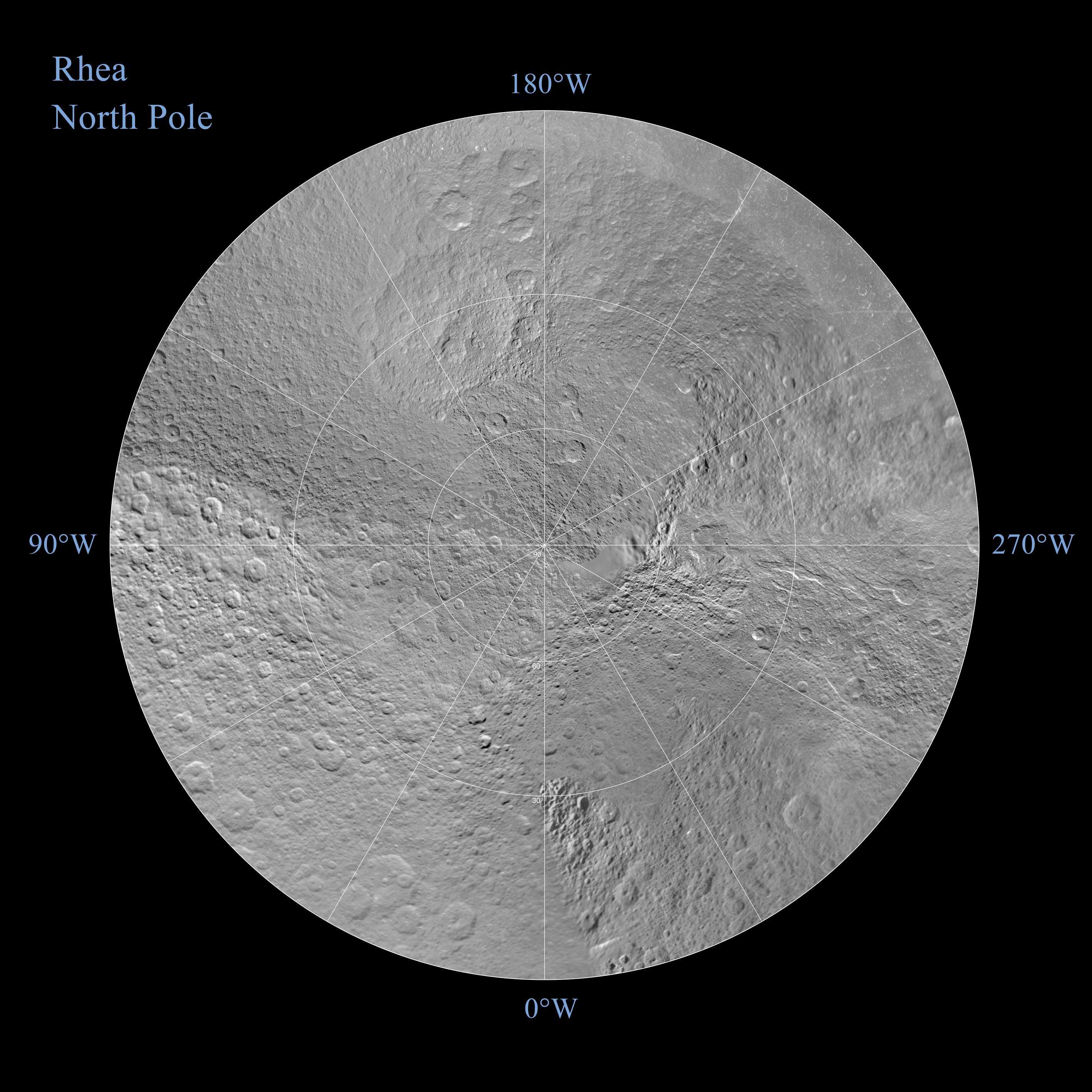 The northern and southern hemispheres of Rhea are seen in these polar stereographic maps, mosaicked from the best-available Cassini and Voyager images.