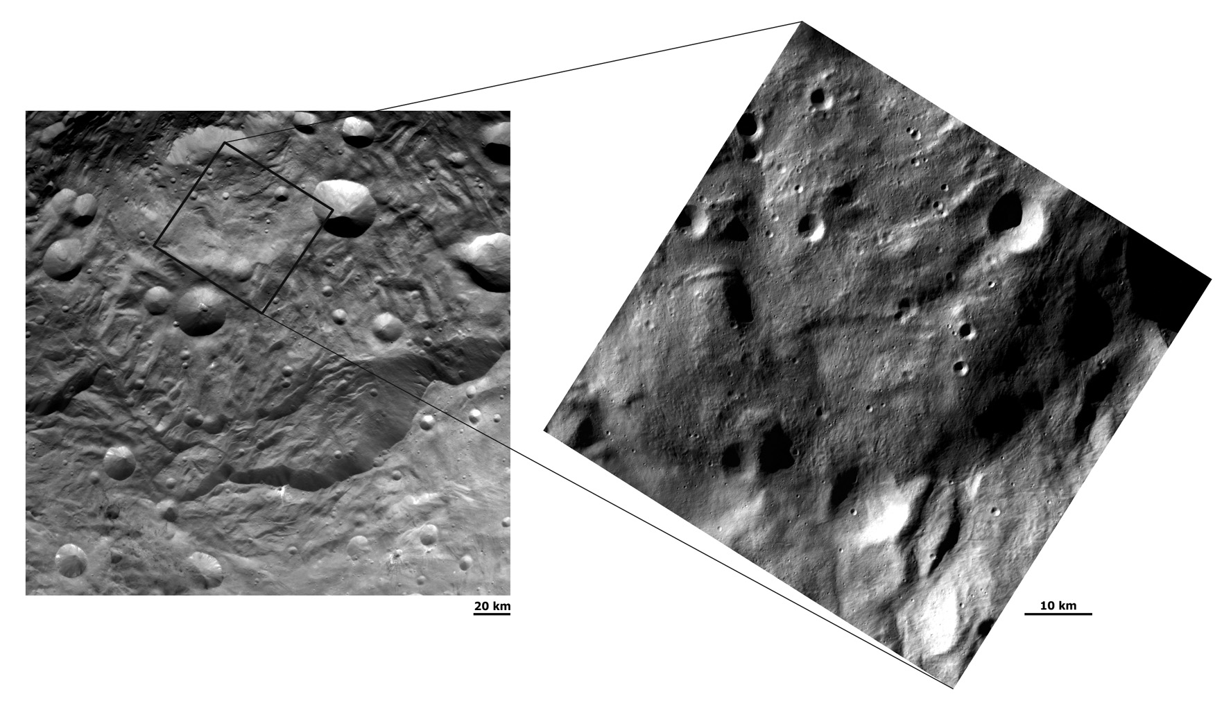 Two Different Resolution Images of Vesta's South Polar Region