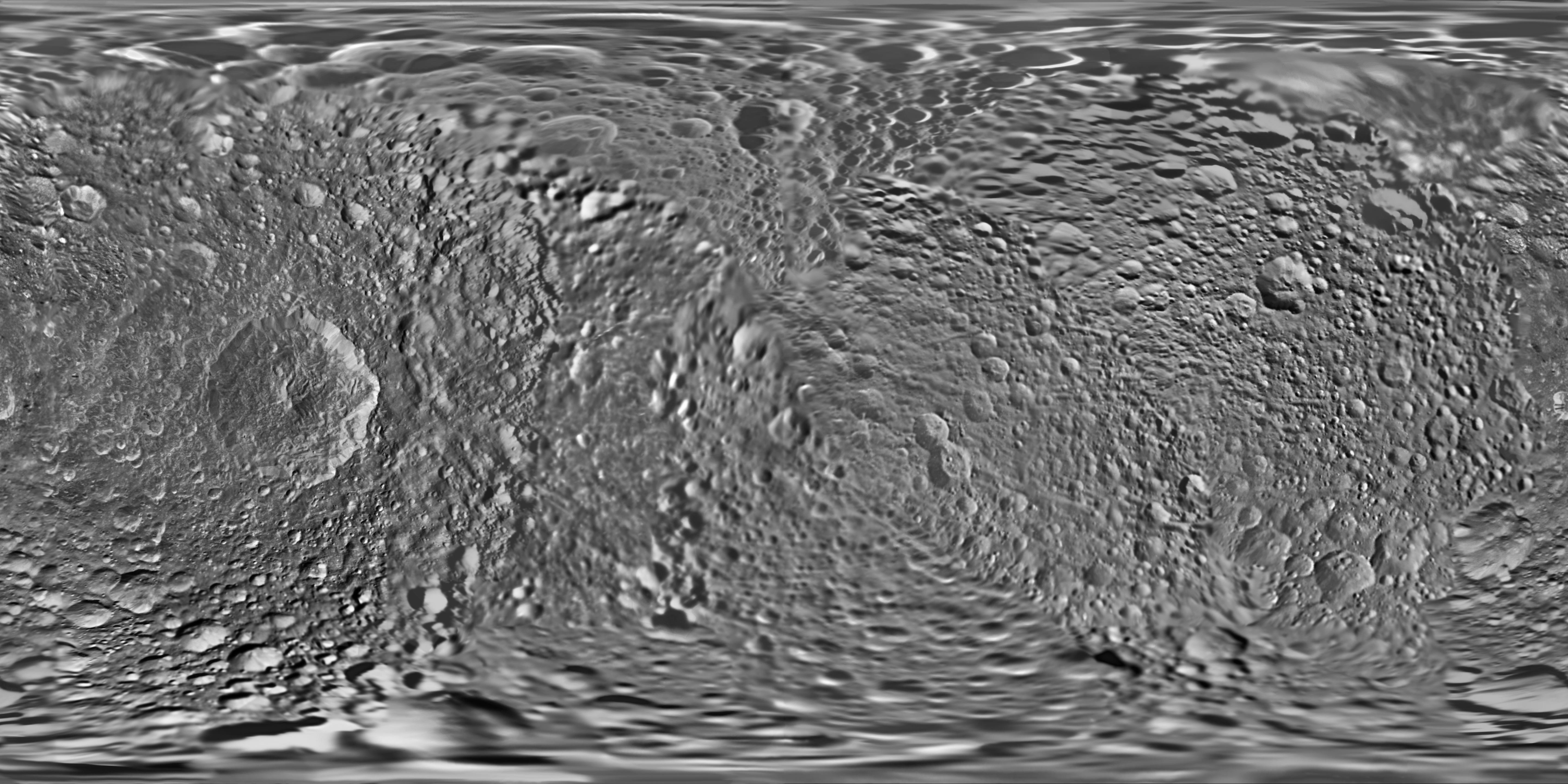 This global map of Saturn's moon Mimas was created using images taken during Cassini spacecraft flybys, with Voyager images filling in the gaps in Cassini's coverage.