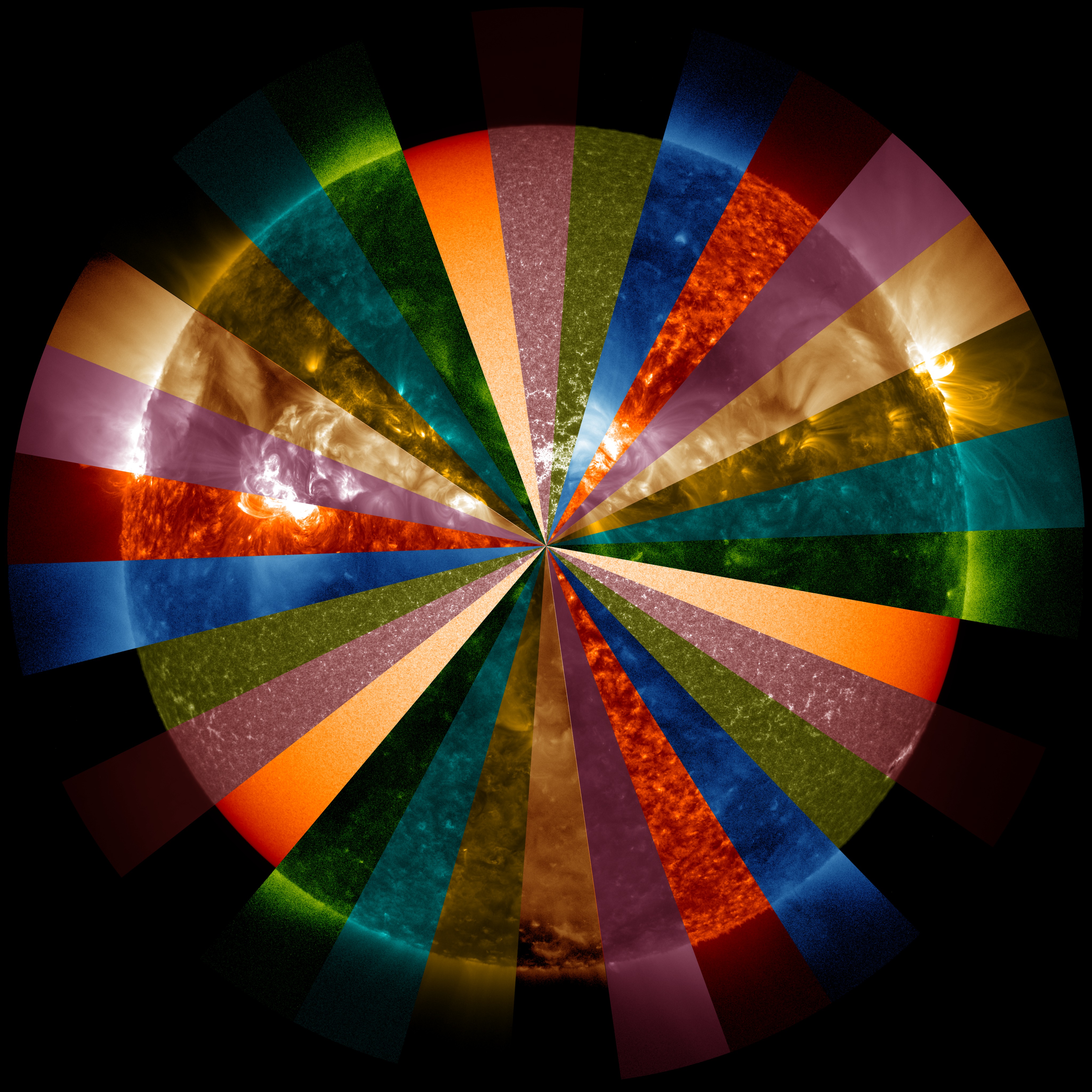 The Sun visualized in multiple pie slice wavelengths.
