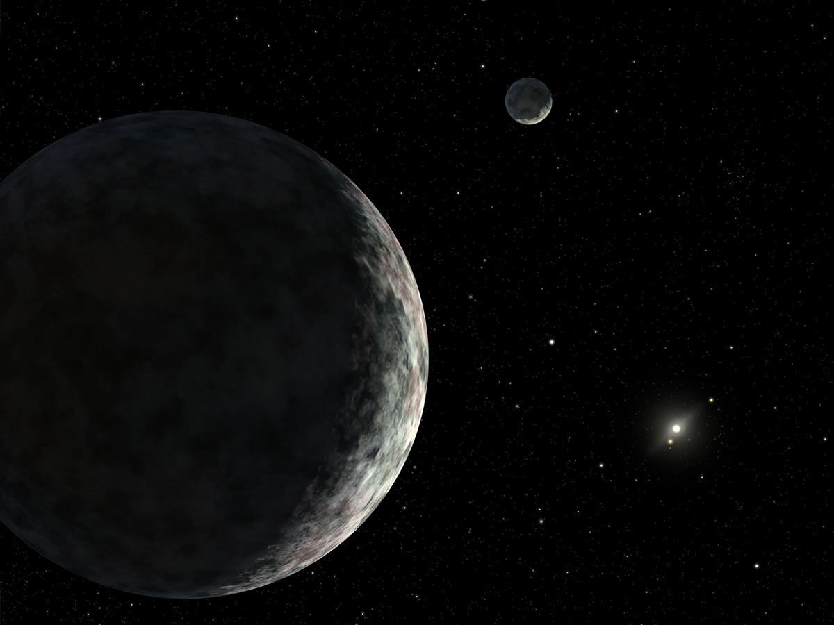 An artist's concept of the dwarf planet Eris and its moon Dysnomia.
