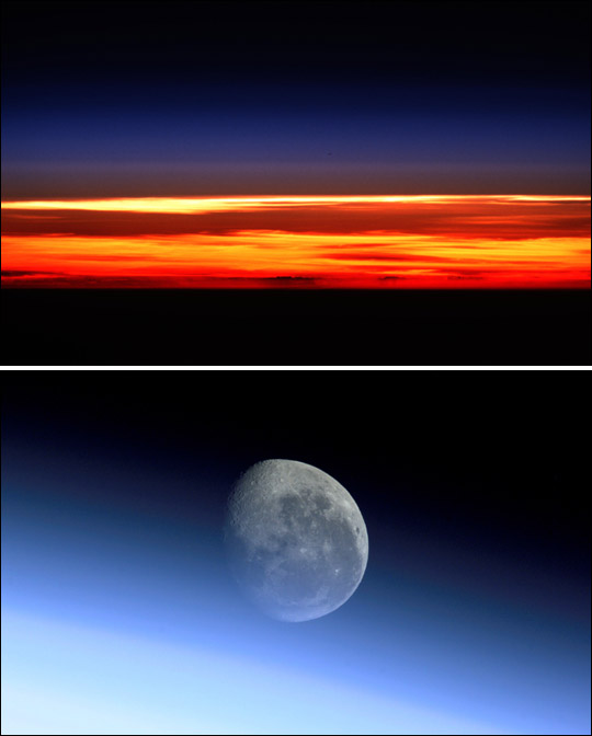Images of Earth's limb at sunset and the Moon as seen through Earth's limb