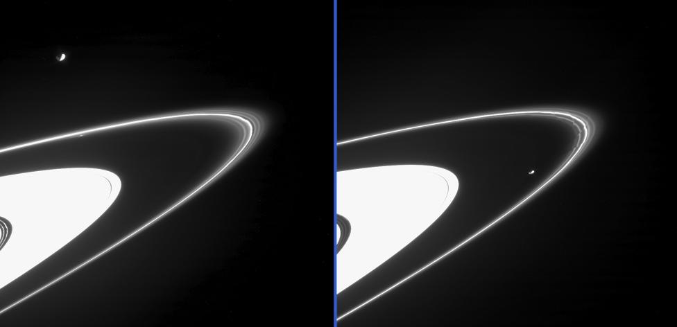 Two views of the F ring, Janus and Prometheus