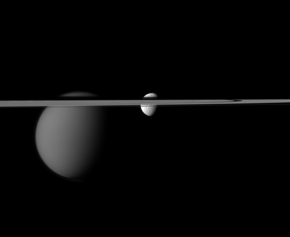 Saturn's rings, Tethys and Titan
