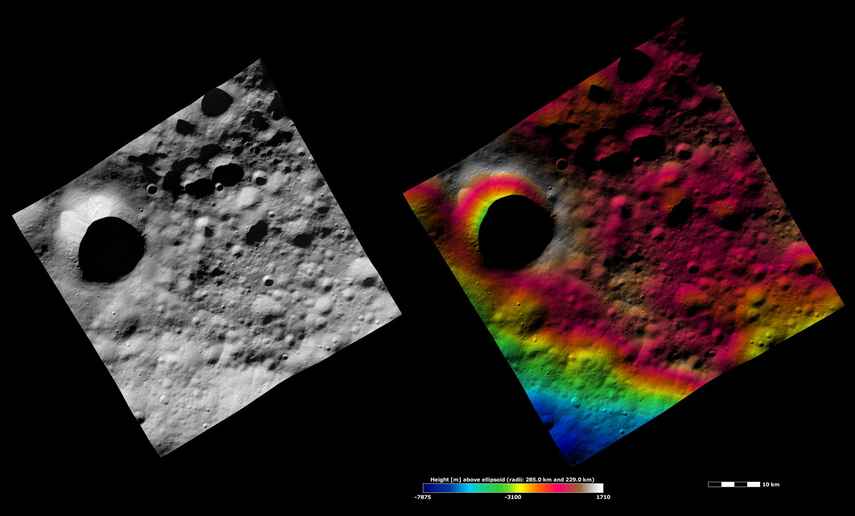 Apparent Brightness and Topography Images of Scantia Crater