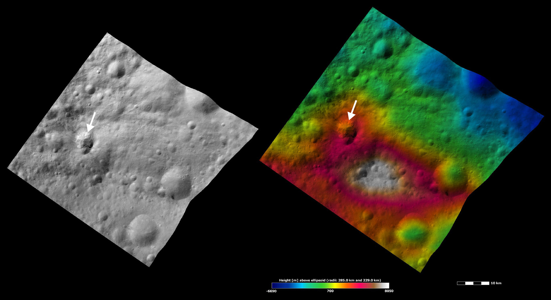 Apparent Brightness and Topography Images of Teia Crater