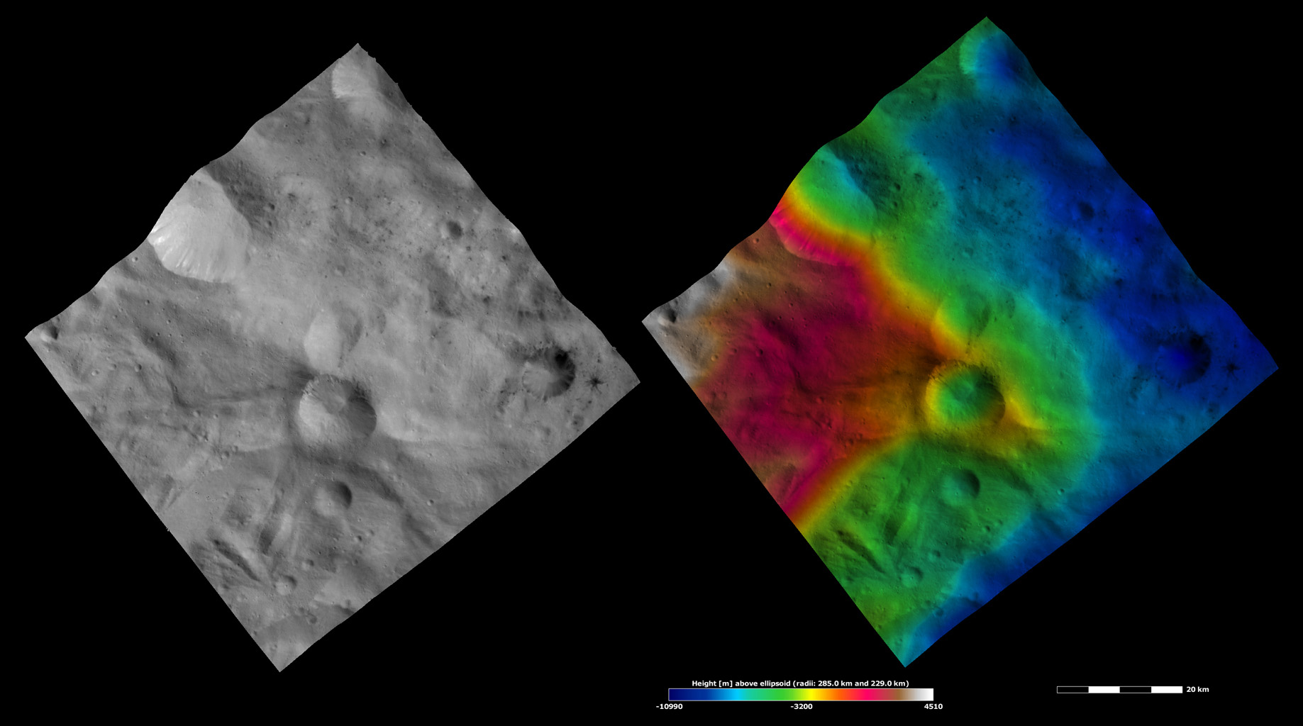 Apparent Brightness and Topography Images of Helena and Laelia Craters