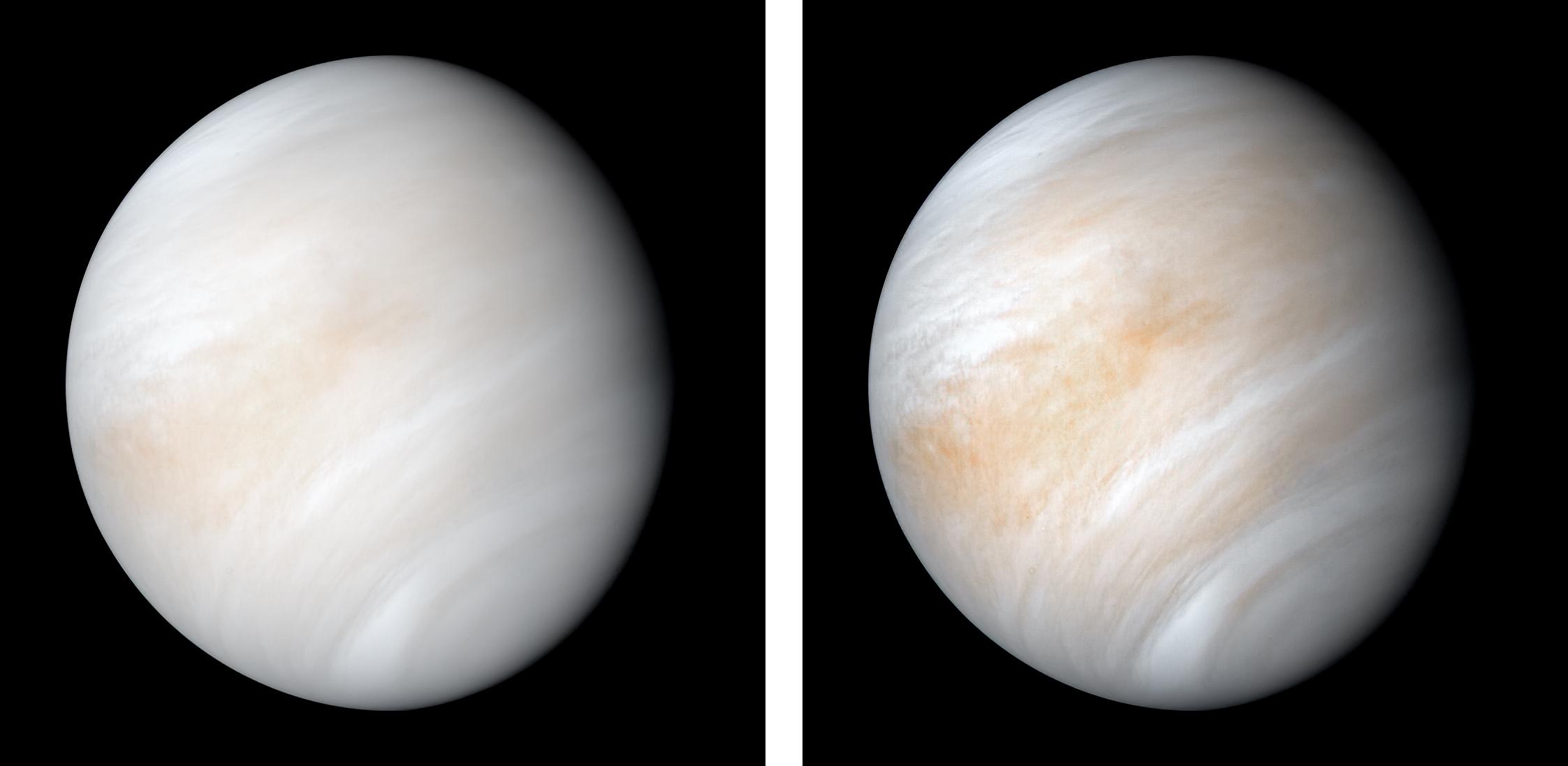 Two views of yellowish-brown planet Venus. One shows more cloud detail thanks to enhanced image processing. 