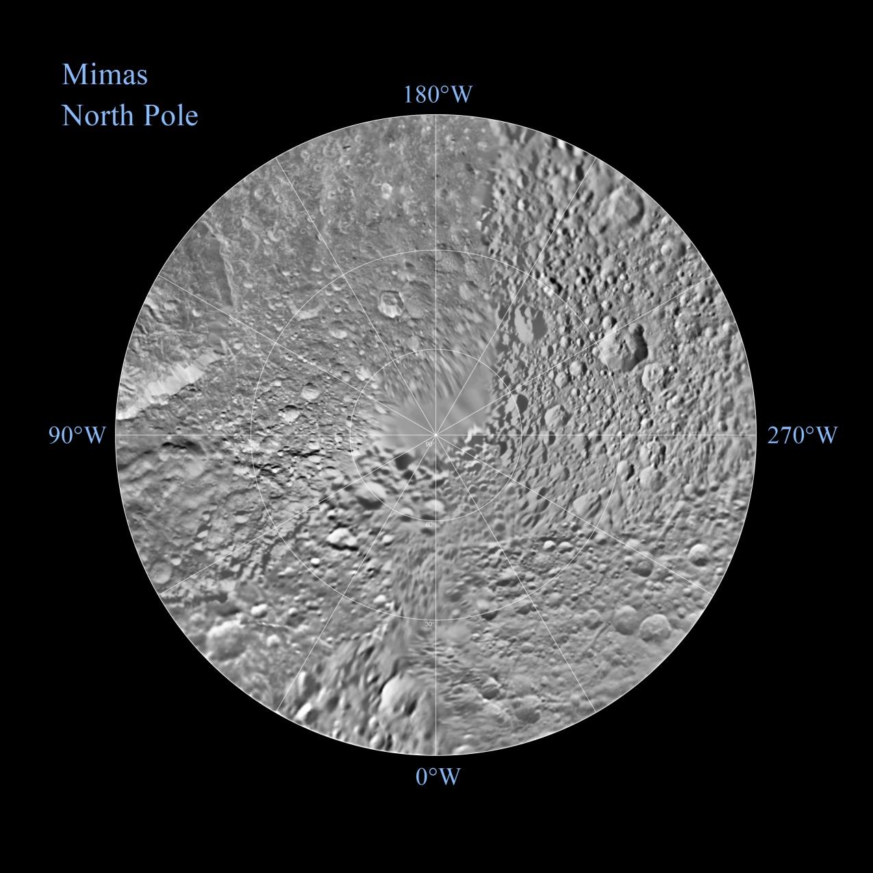 The northern hemisphere of Saturn's moon Mimas is seen in these polar stereographic maps, mosaicked from the best-available Cassini and Voyager images.