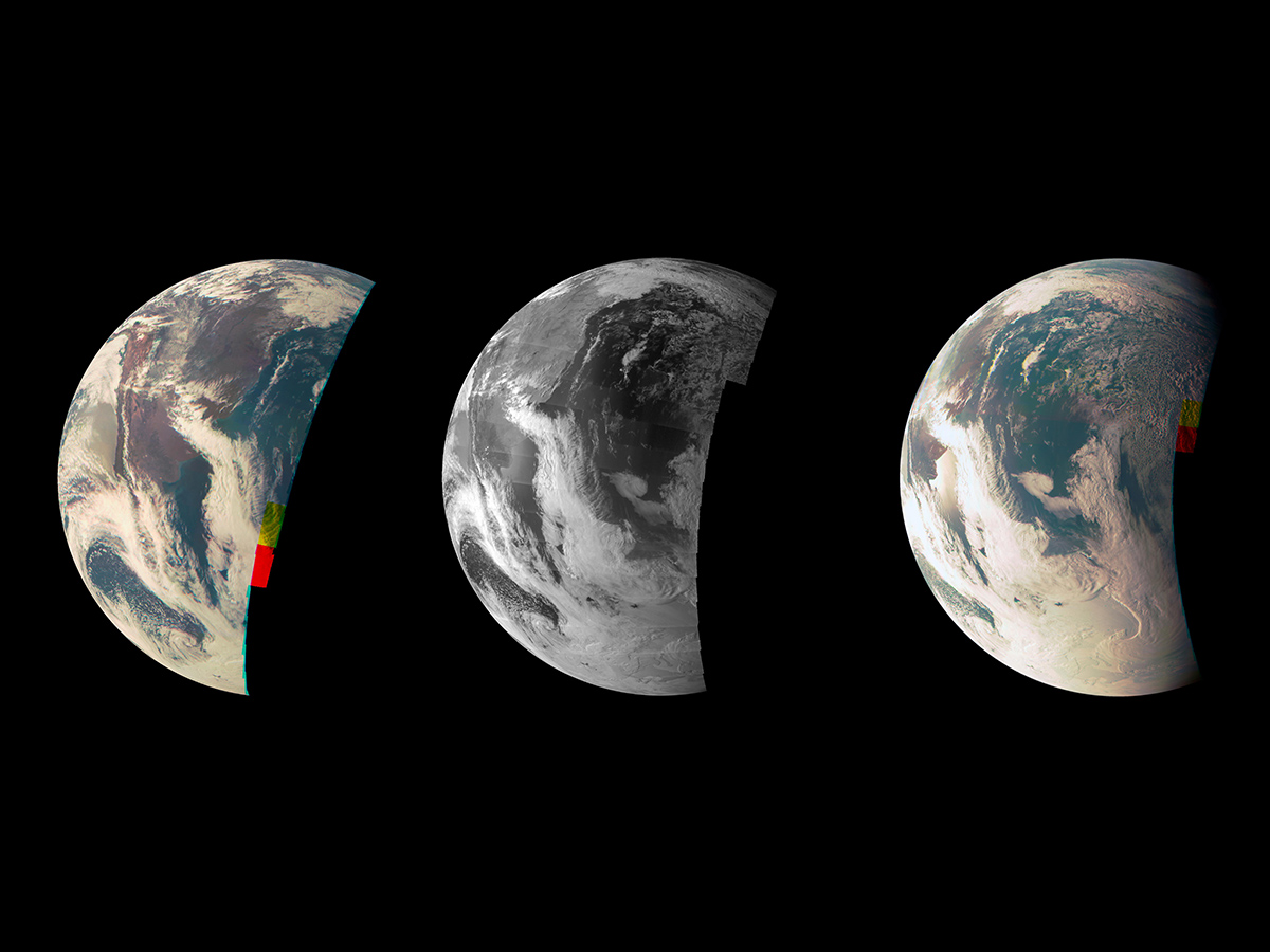 This trio of Junocam views of Earth was taken during Juno's close flyby on October 9, 2013.