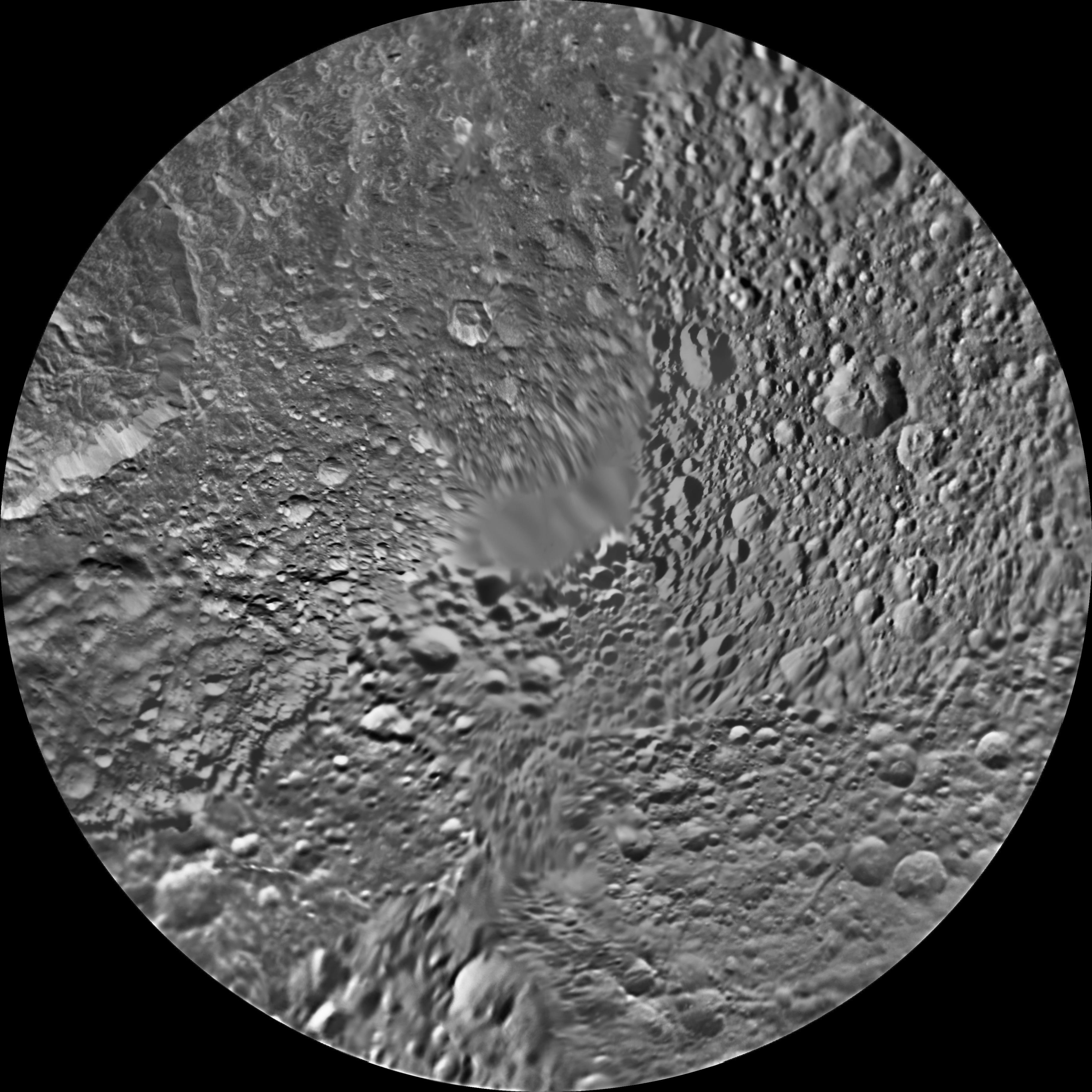 The northern hemisphere of Saturn's moon Mimas is seen in these polar stereographic maps, mosaicked from the best-available Cassini and Voyager images.
