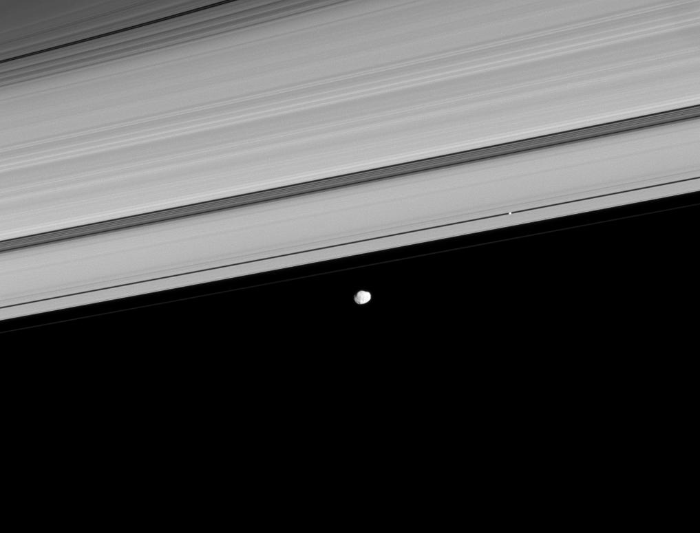 Pan appears as a bright dot within the Encke Gap, right of center. Janus lies outside the A and F rings, below center.